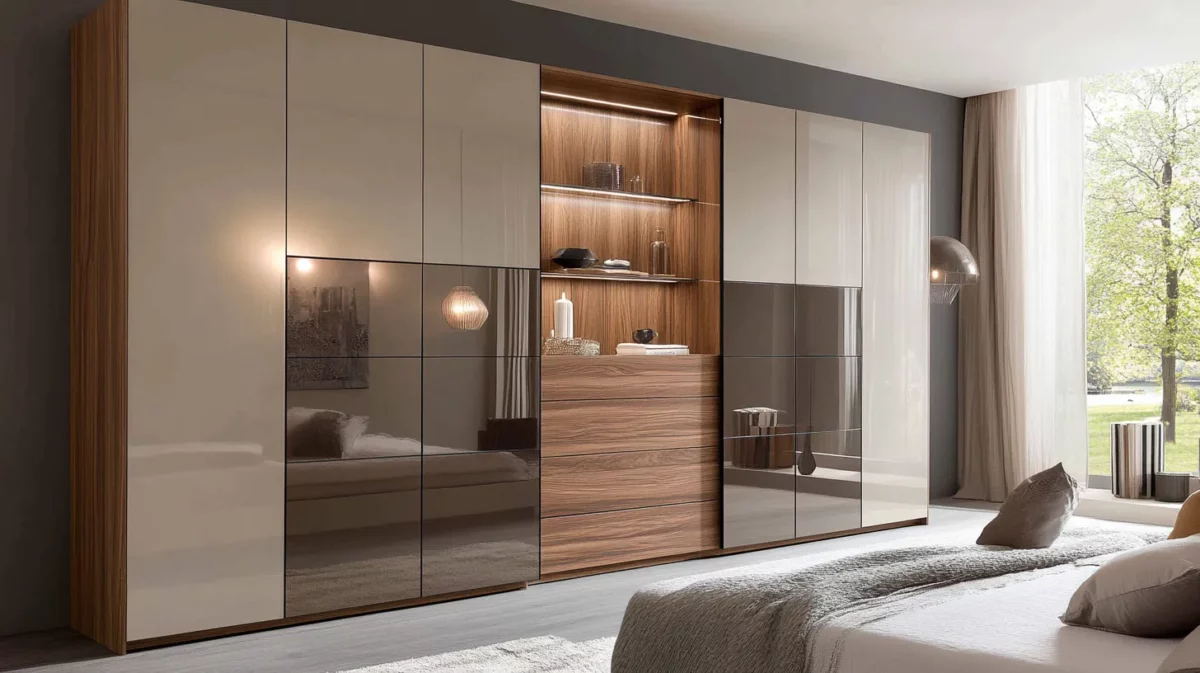 contemporary glass and wood combination wardrobe design idea for bedroom