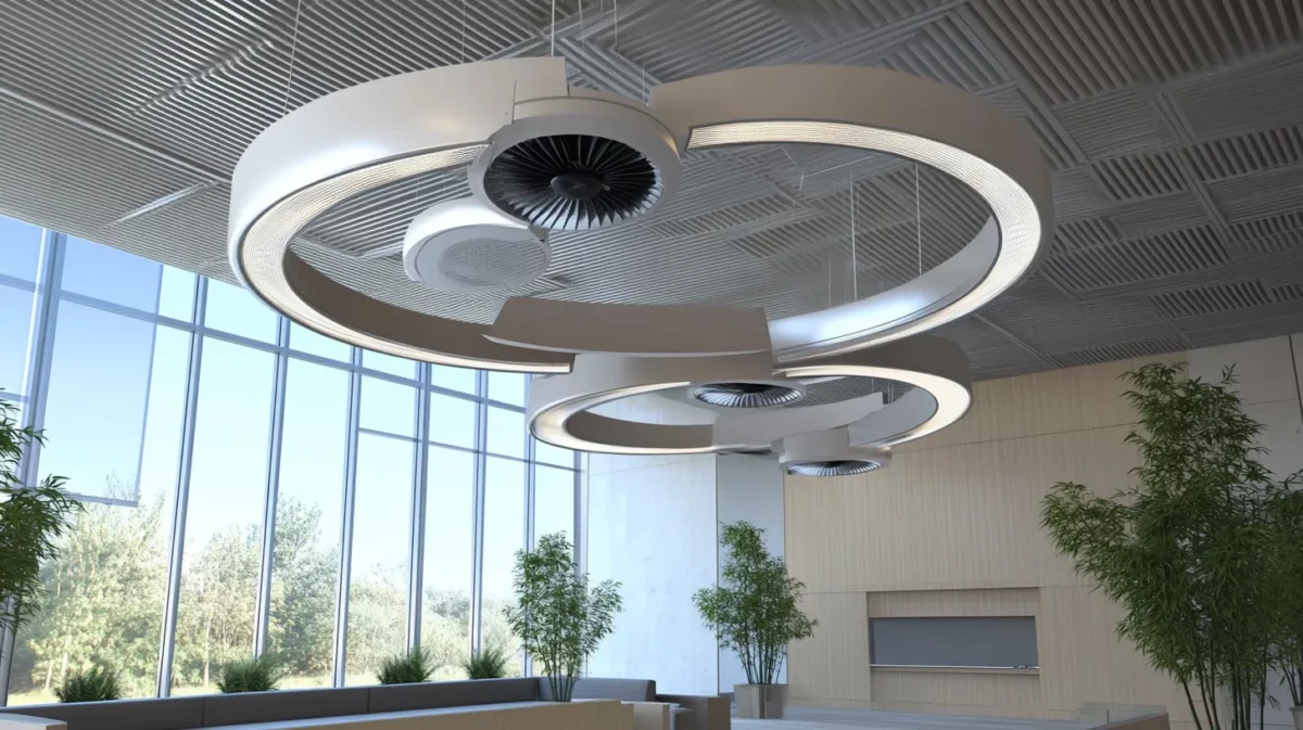 two circular suspended pop fans in a ceiling design