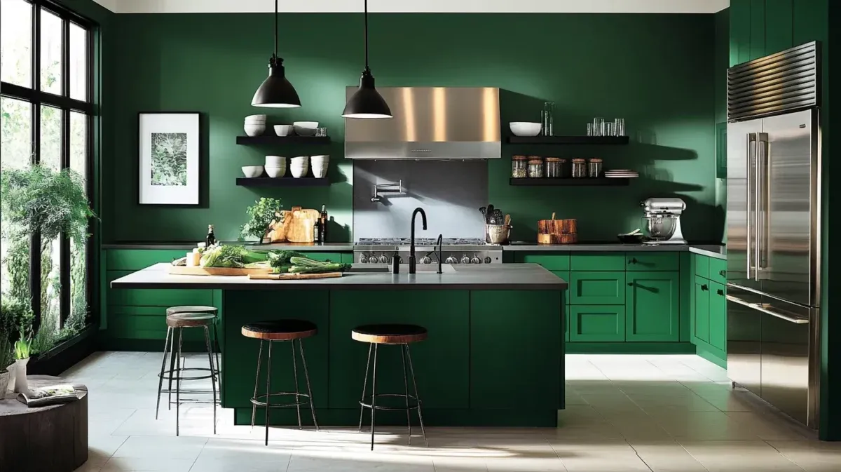 bottle green black and stainless steel colour combination for kitchen