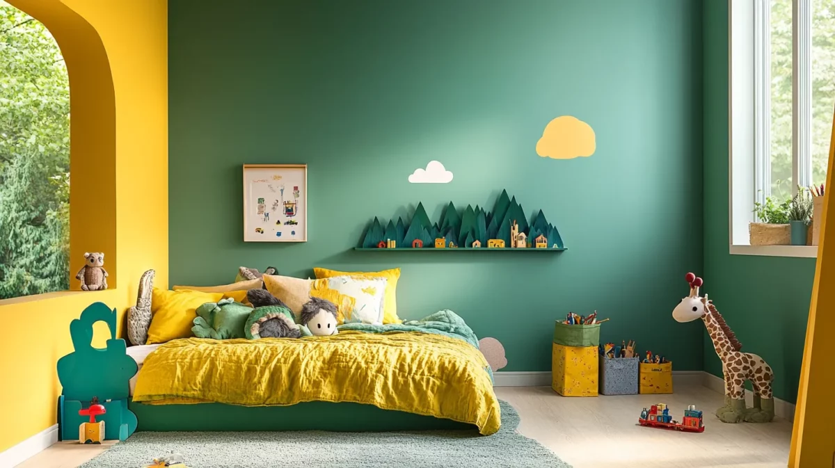 bottle green bright yellow and gray colour combination for kids room