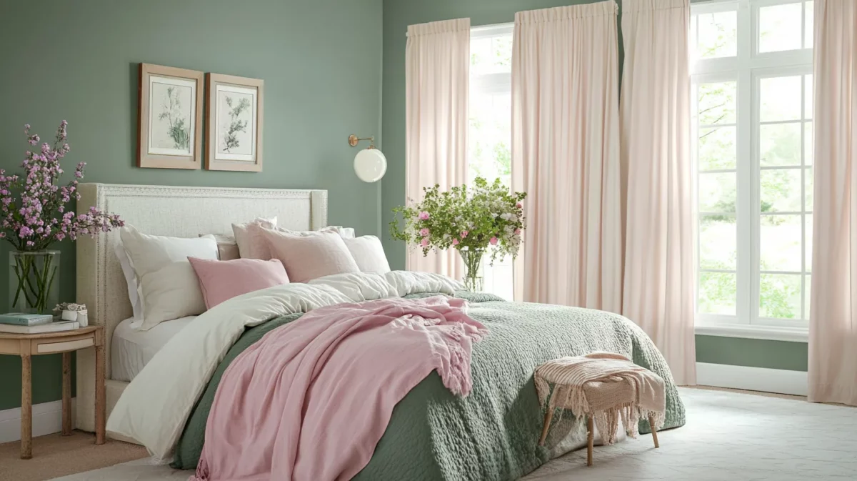 bottle green pink and cream colour combination for bedroom