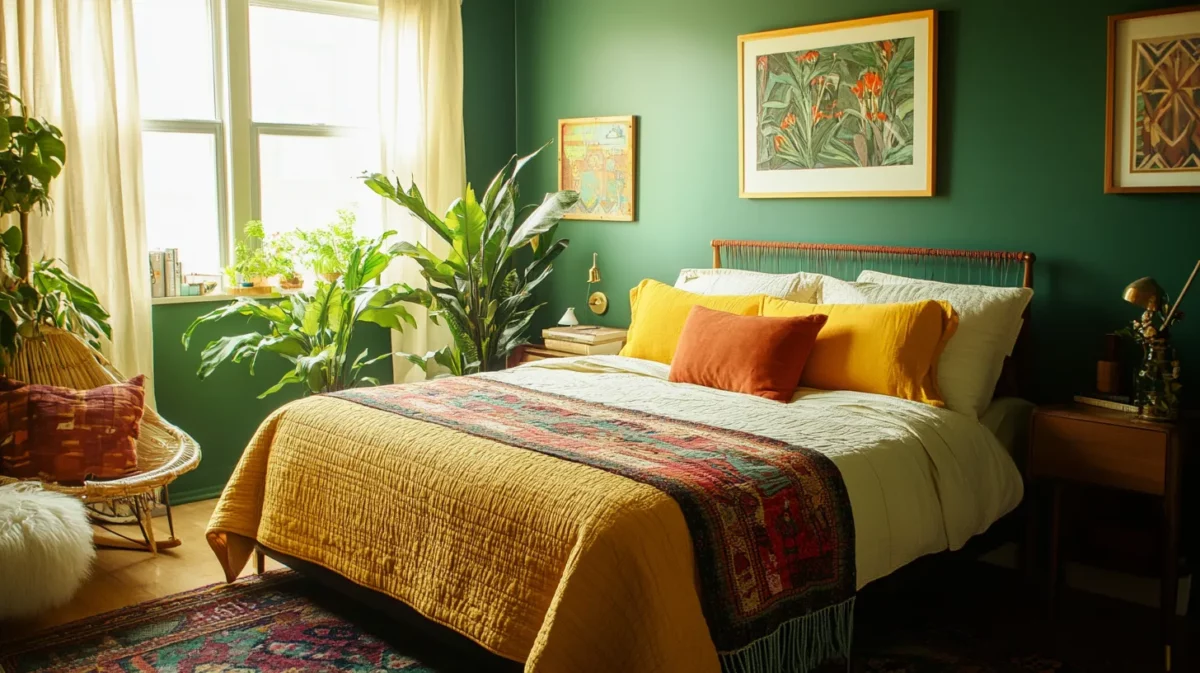 bottle green terracotta and yellow colour combination for bedroom