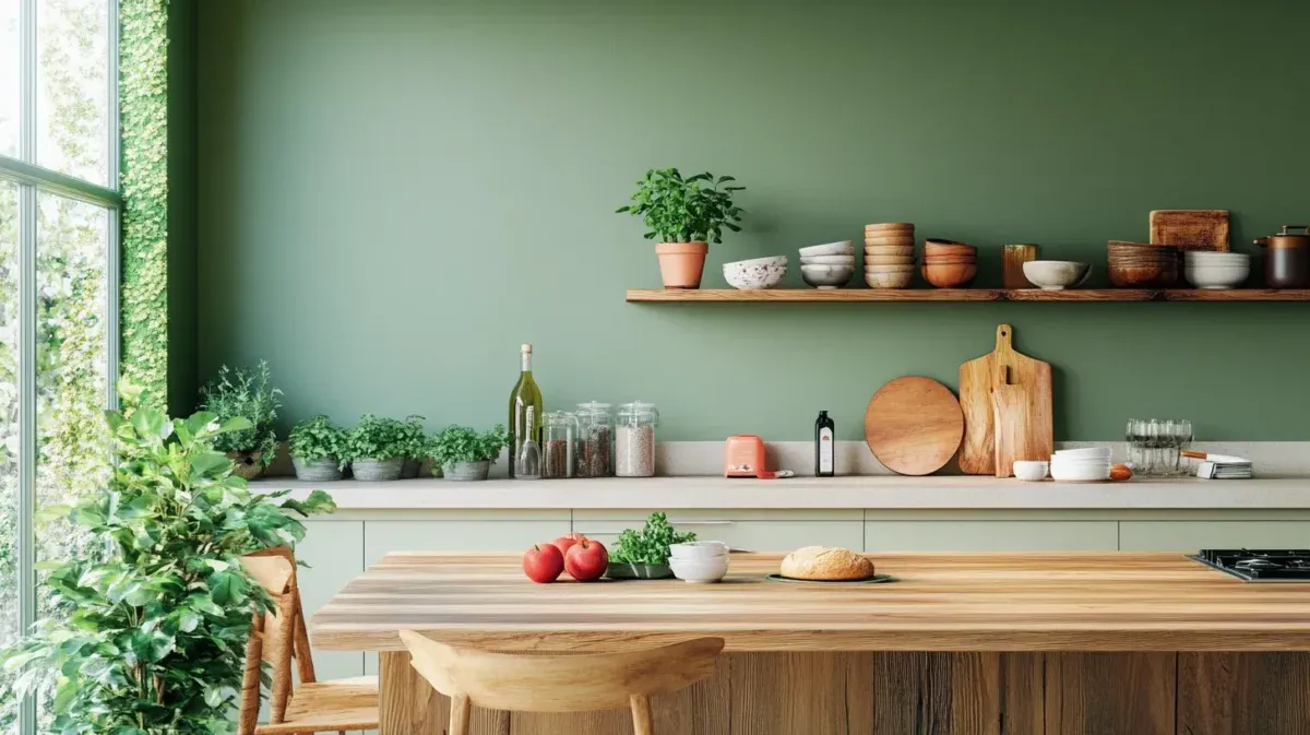 bottle green warm wood and cream colour combination for kitchen