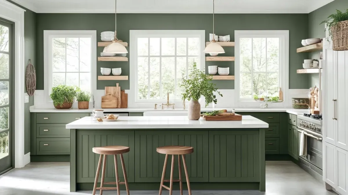 bottle green white and sage green colour combination for kitchen