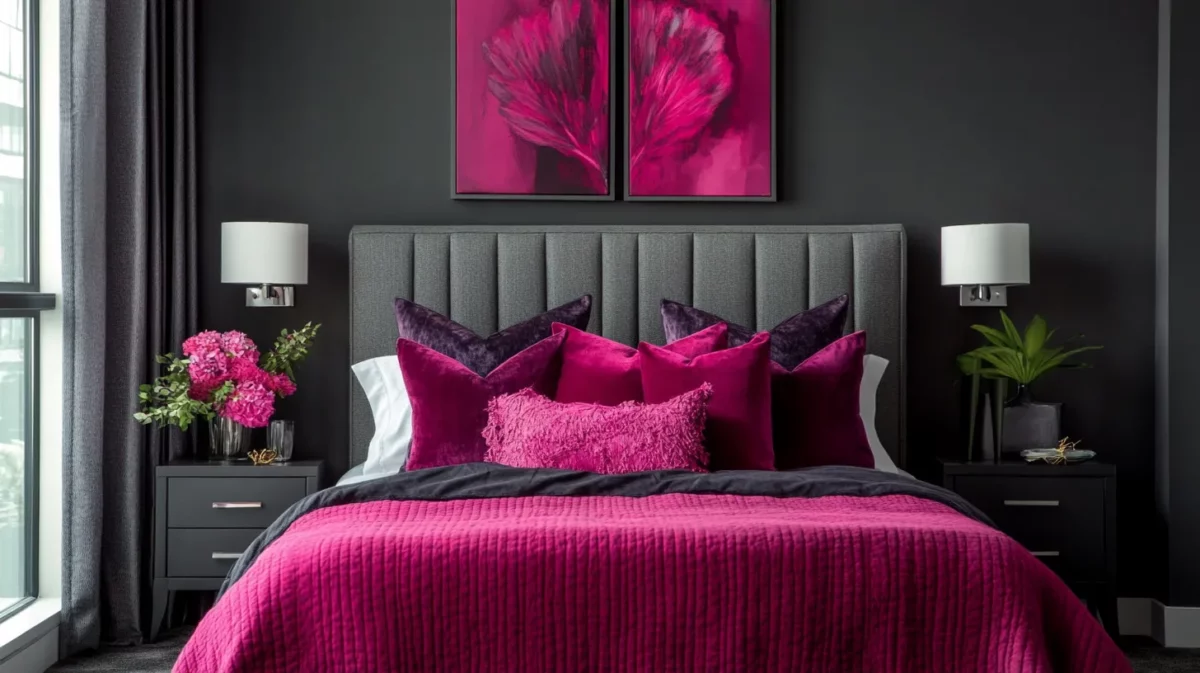 charcoal gray and magenta colour combination for bedroom