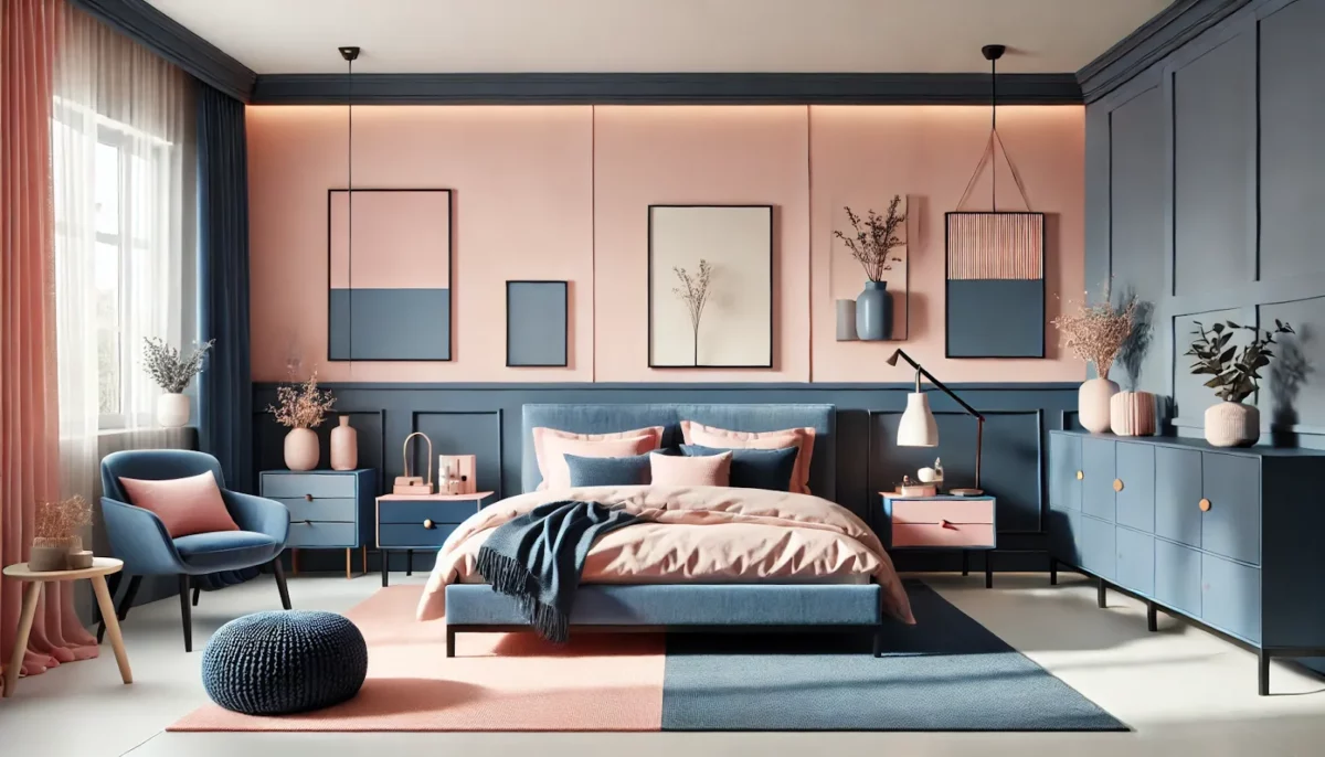 chic pink and navy colour combination for bedroom wall