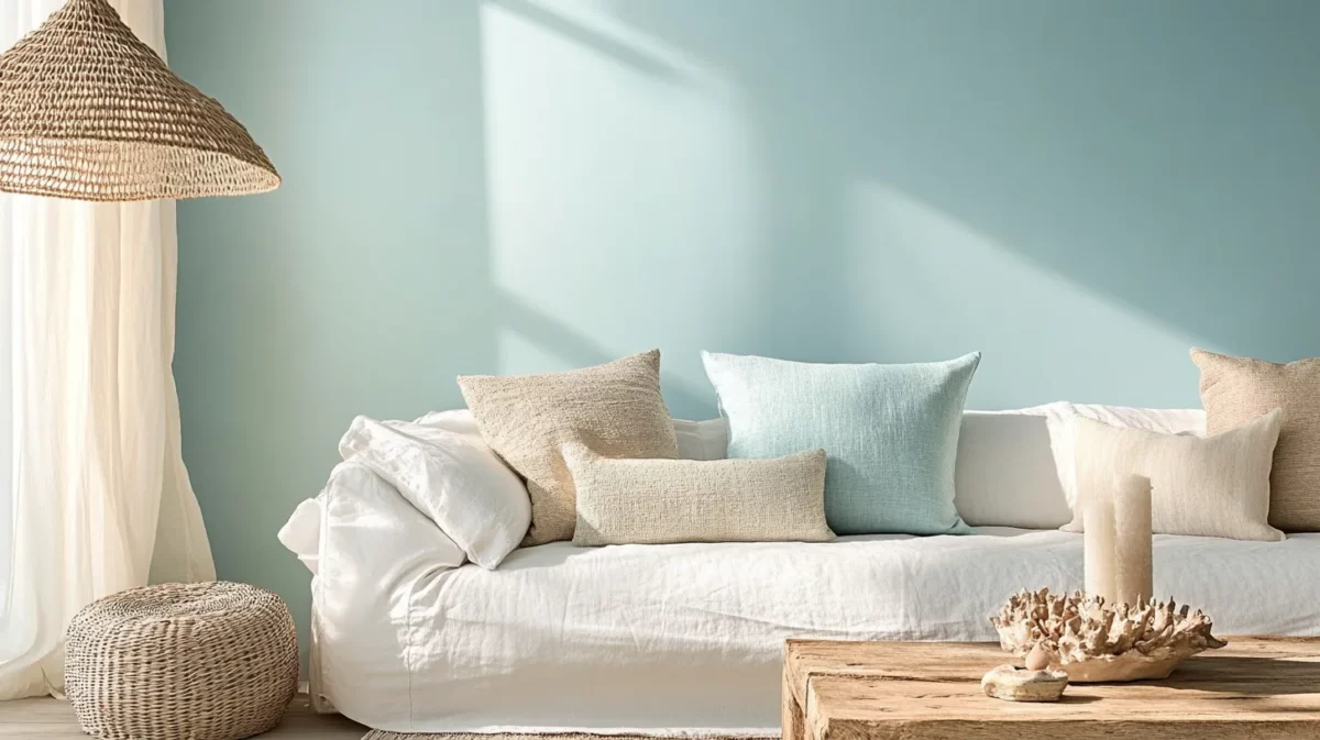 coastal inspired aqua and sand wall colour combination