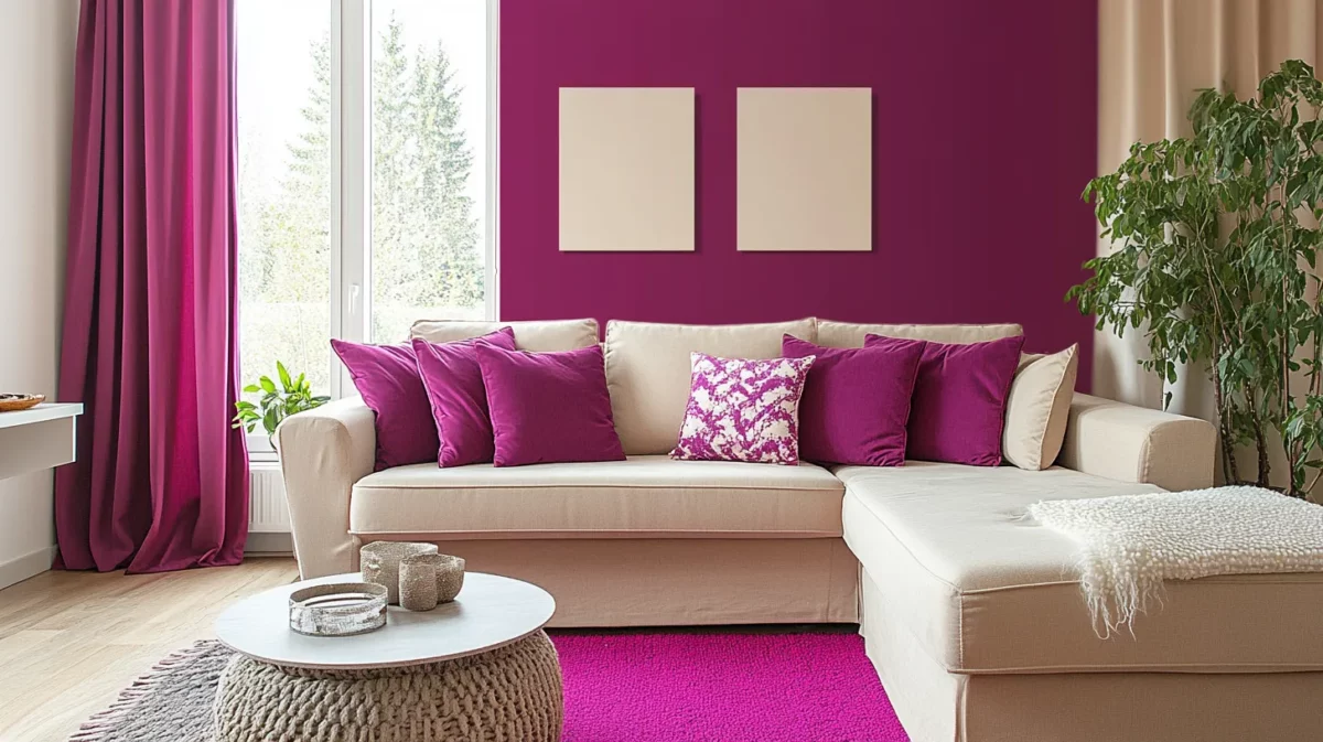 creamy beige and warm magenta colour combination for living room