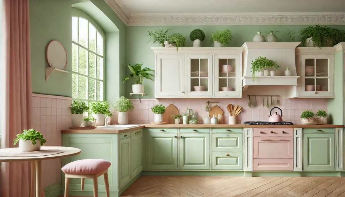 elegant green and pink colour combination for kitchen