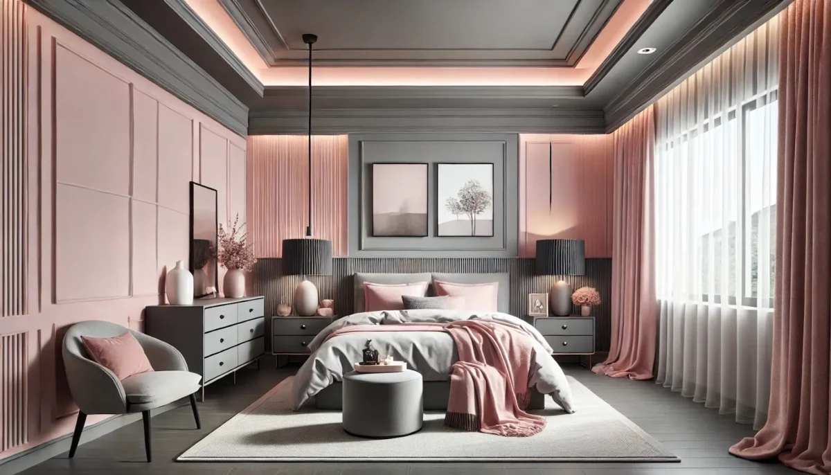 elegant pink and grey colour combination for bedroom wall