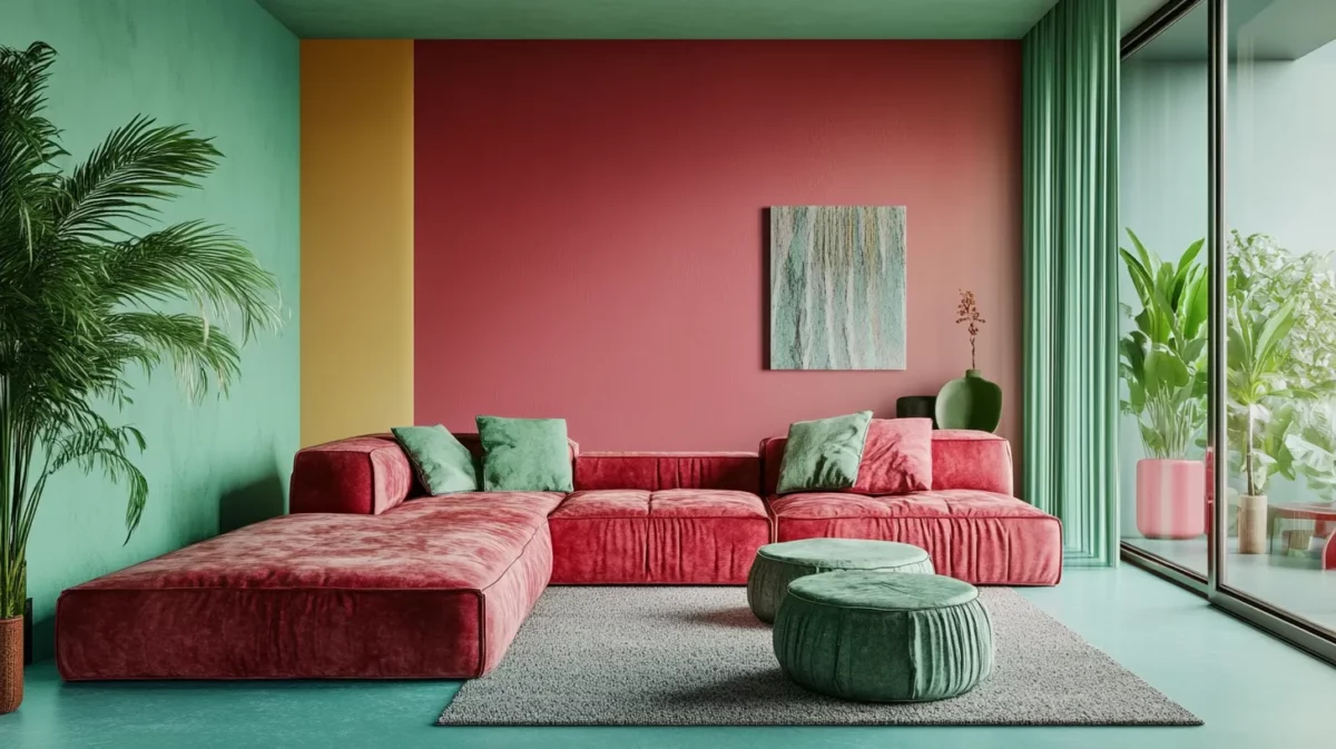 fresh mint green and bright magenta colour combination for living room