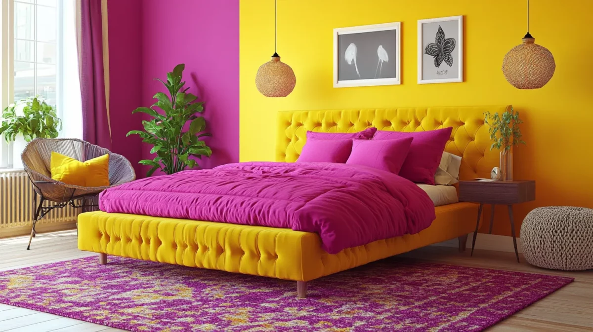 golden yellow and magenta colour combination for bedroom