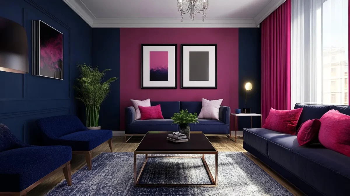 navy blue and elegant magenta colour combination for living room