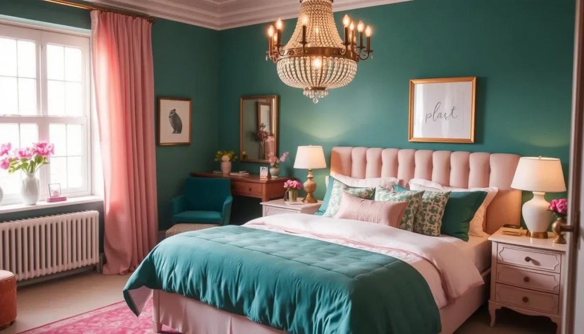 peacock green and blush pink colour combinations for bedroom walls