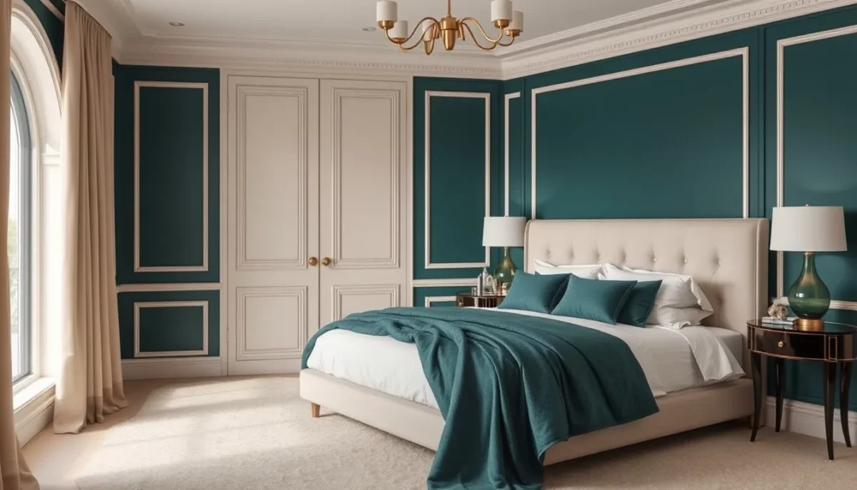 peacock green and creamy beige colour combinations for bedroom walls