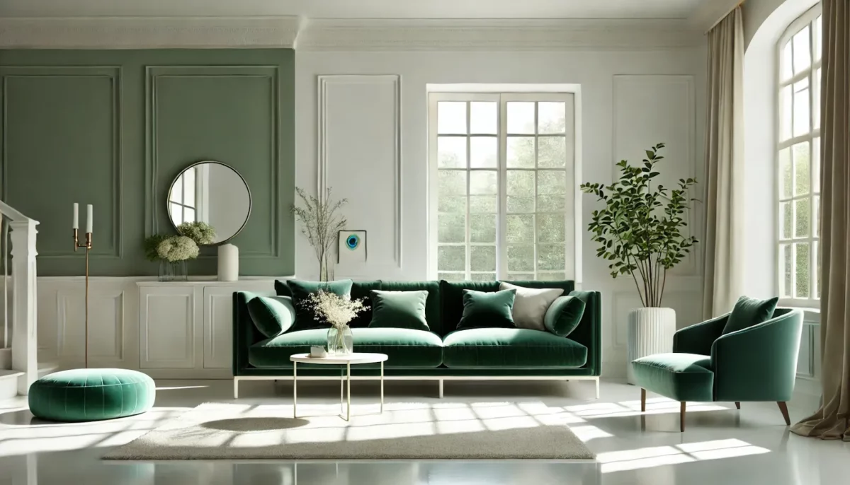 peacock green and creamy white colour combination for living room walls