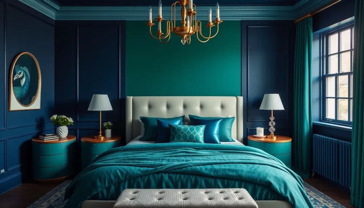 peacock green and deep navy blue colour combinations for bedroom walls