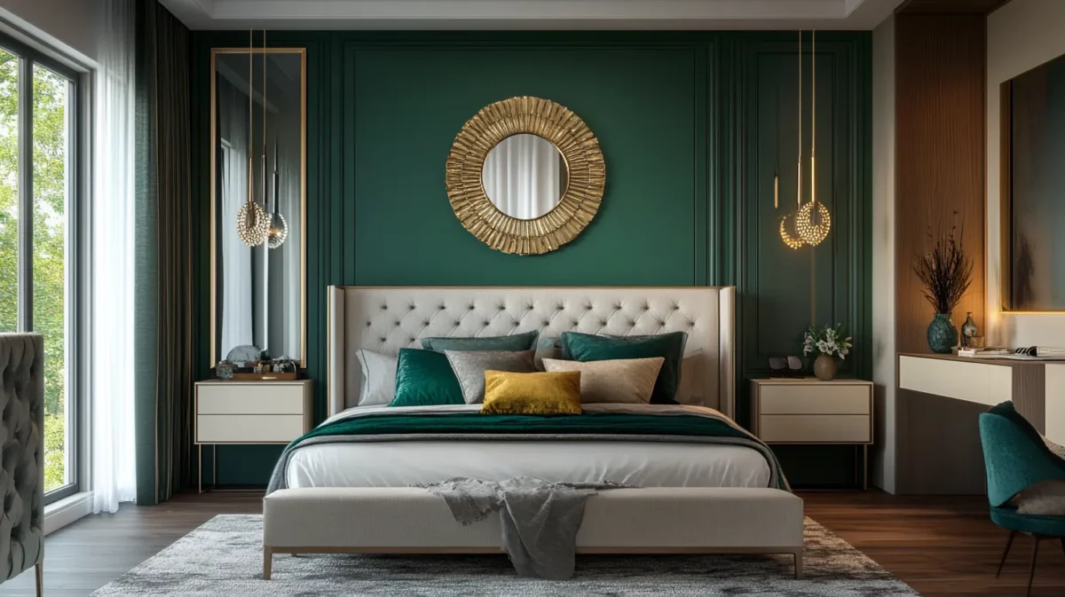 peacock green and soft gold colour combinations for bedroom walls