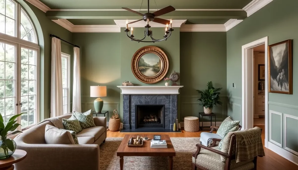 peacock green and warm taupe colour combination for living room walls