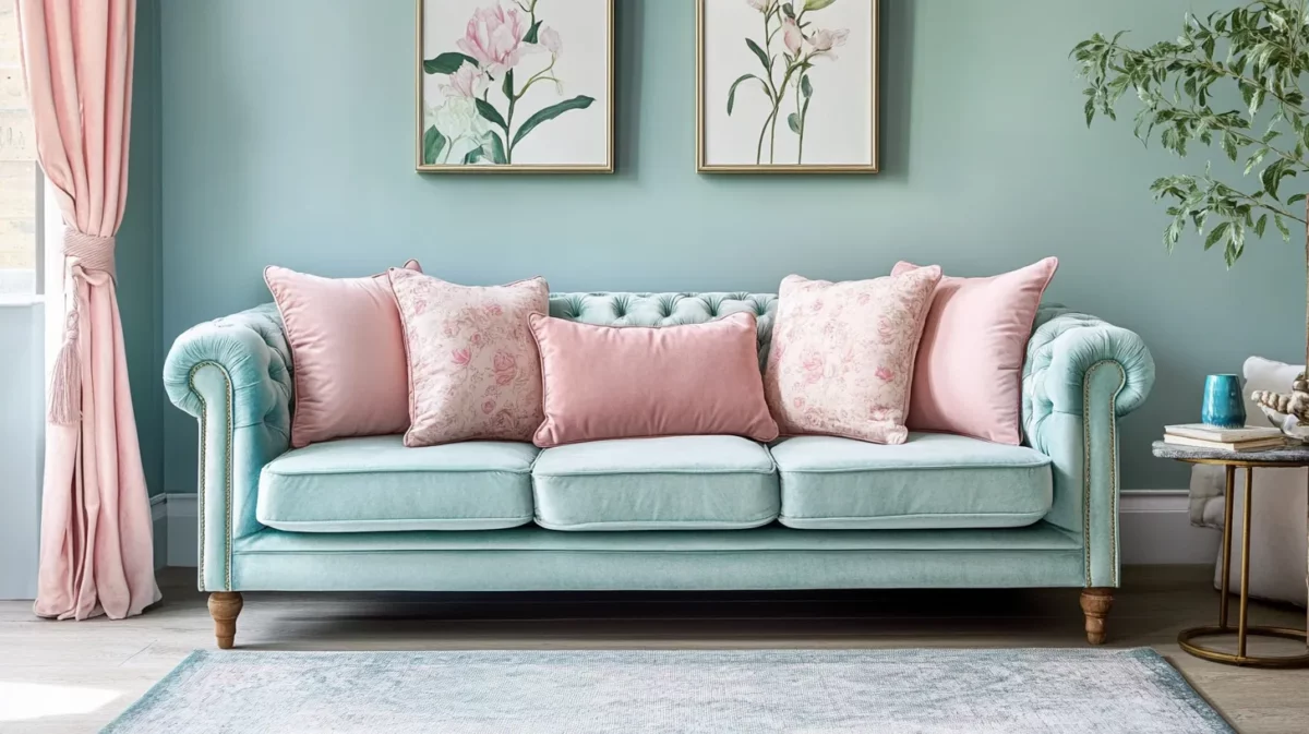 sea green and blush pink colour combination for living room