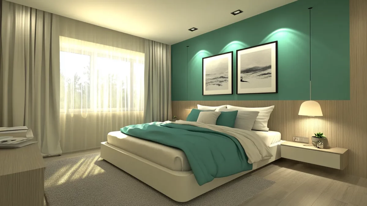 sea green and light gray colour combination for bedroom