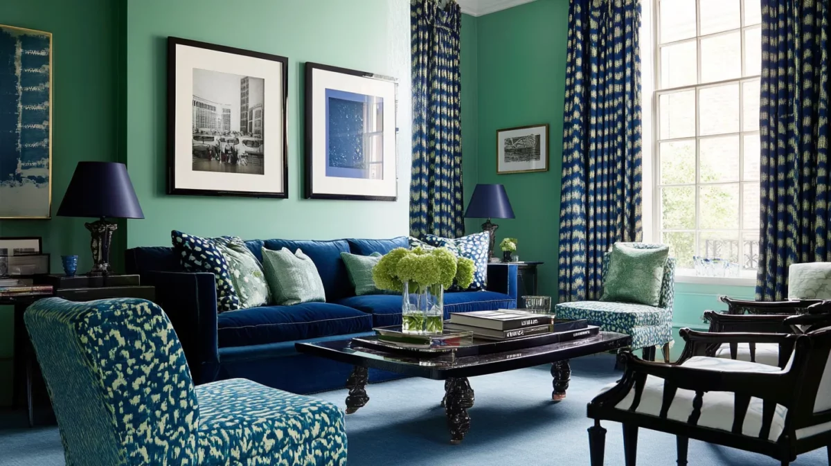 sea green and navy blue colour combination for living room