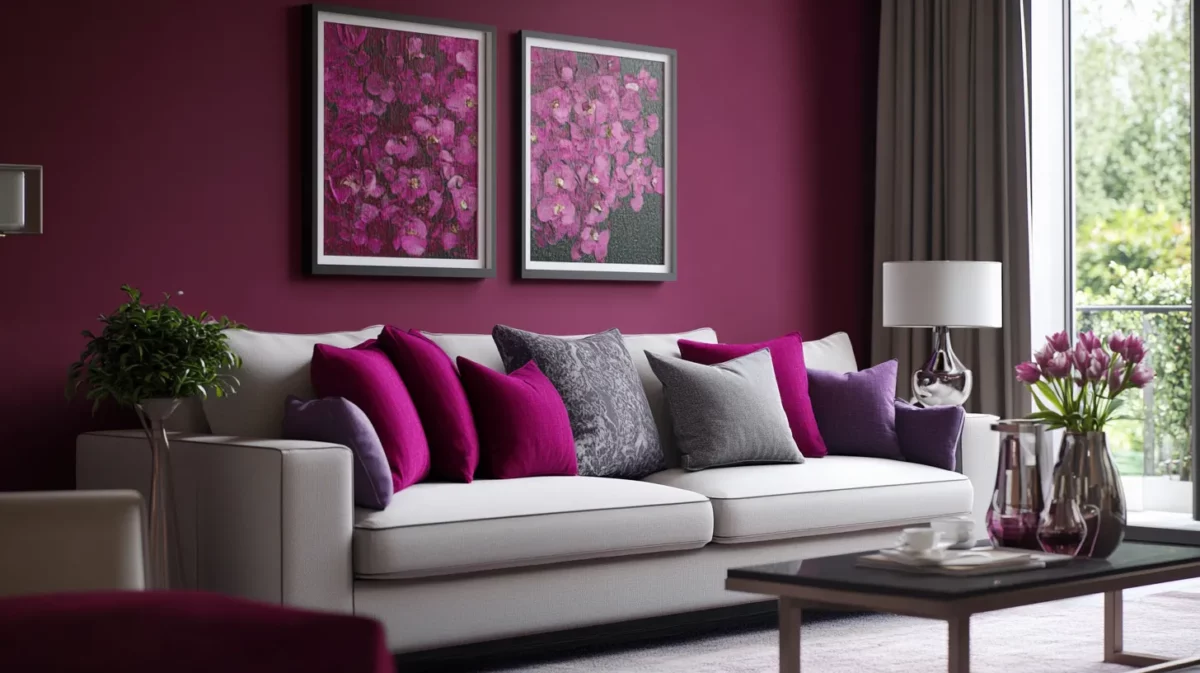 soft gray colour and chic magenta combination for living room