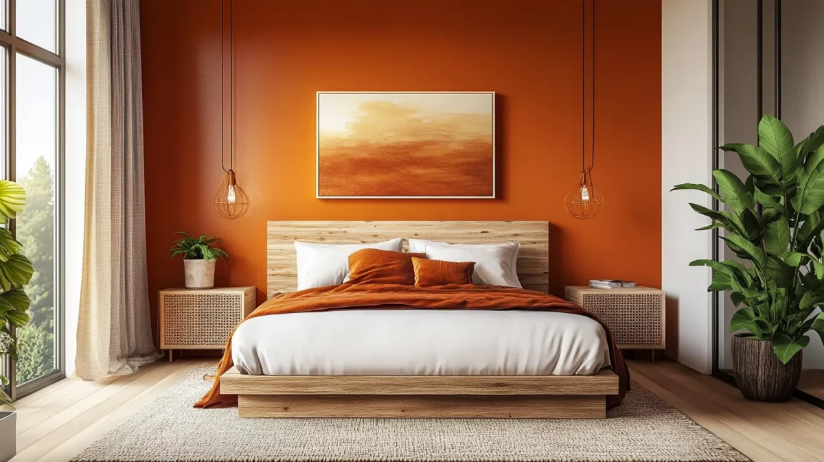 sunset glow bedroom wall colour combination with white