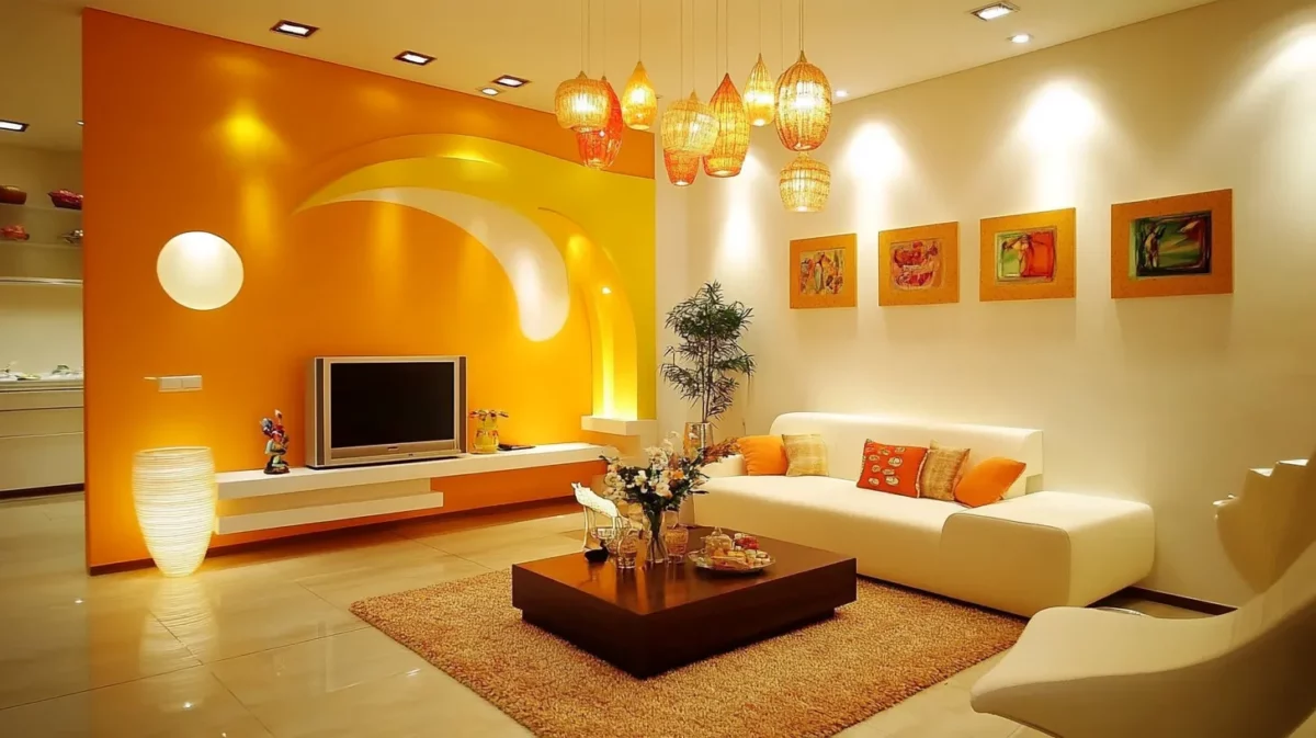 yellow and orange colour combination for living room walls