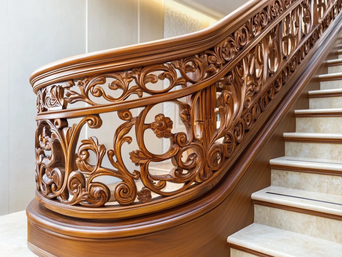 carved wooden stair railing design