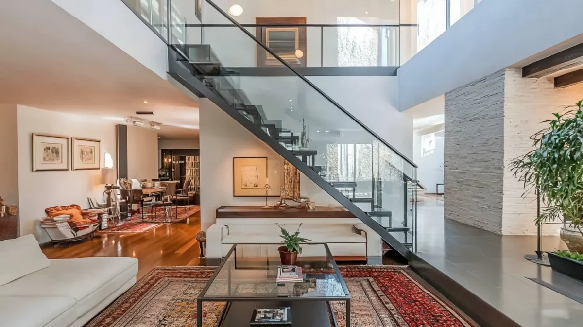 minimalist glass and steel railing design for stairs