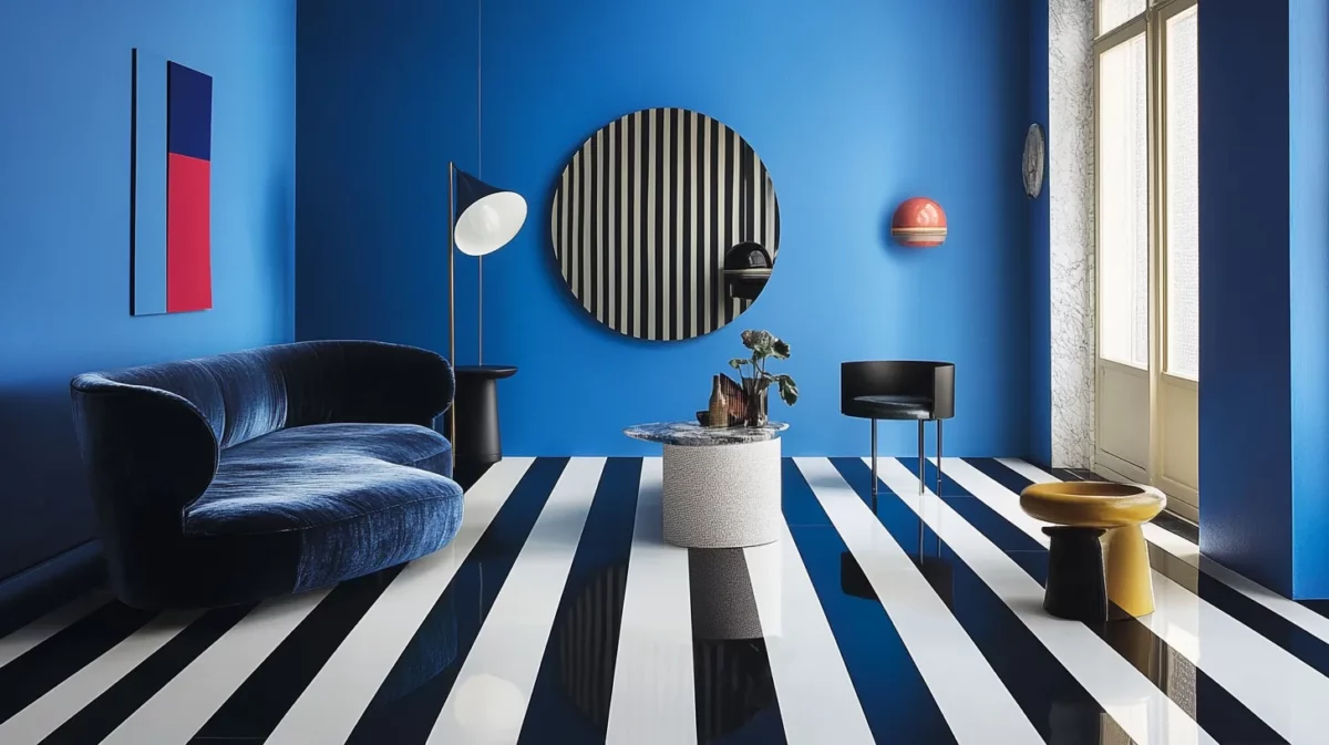 monochrome stripes and classic blue floor paint colour