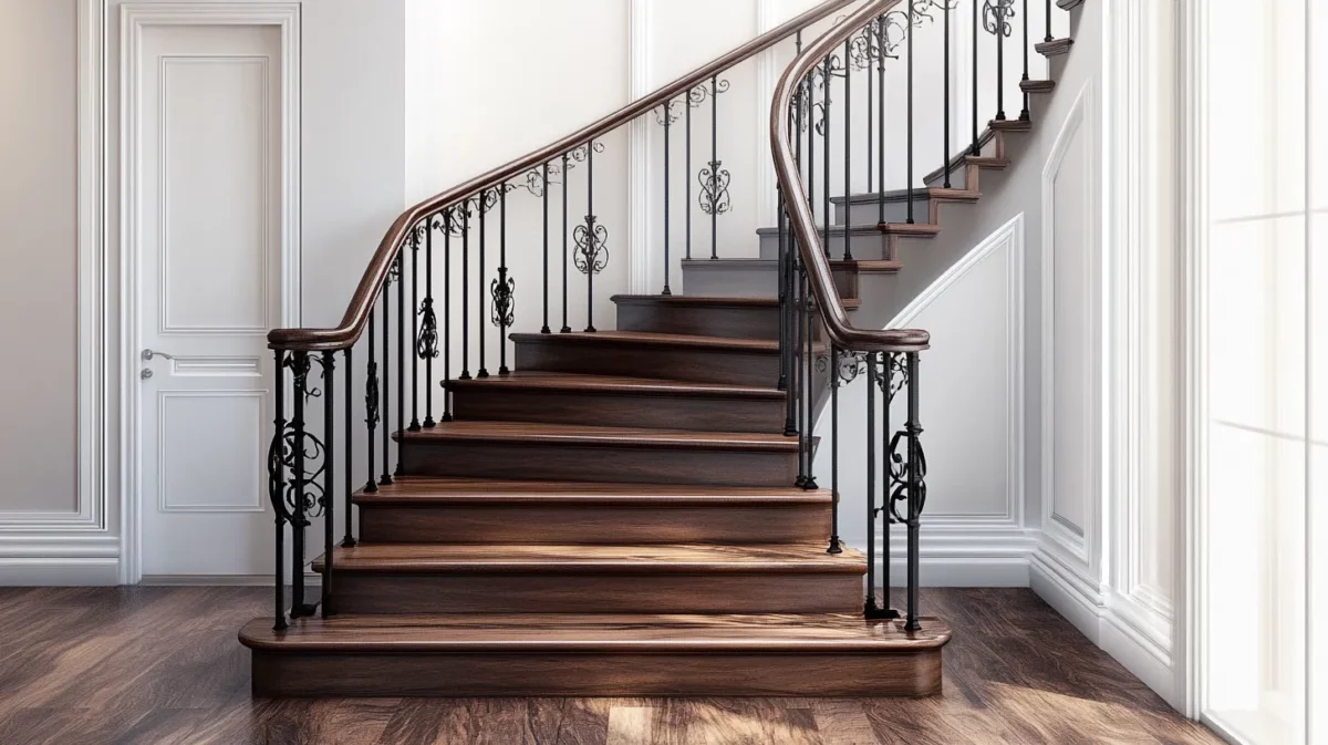 rustic wooden railing design with iron accents