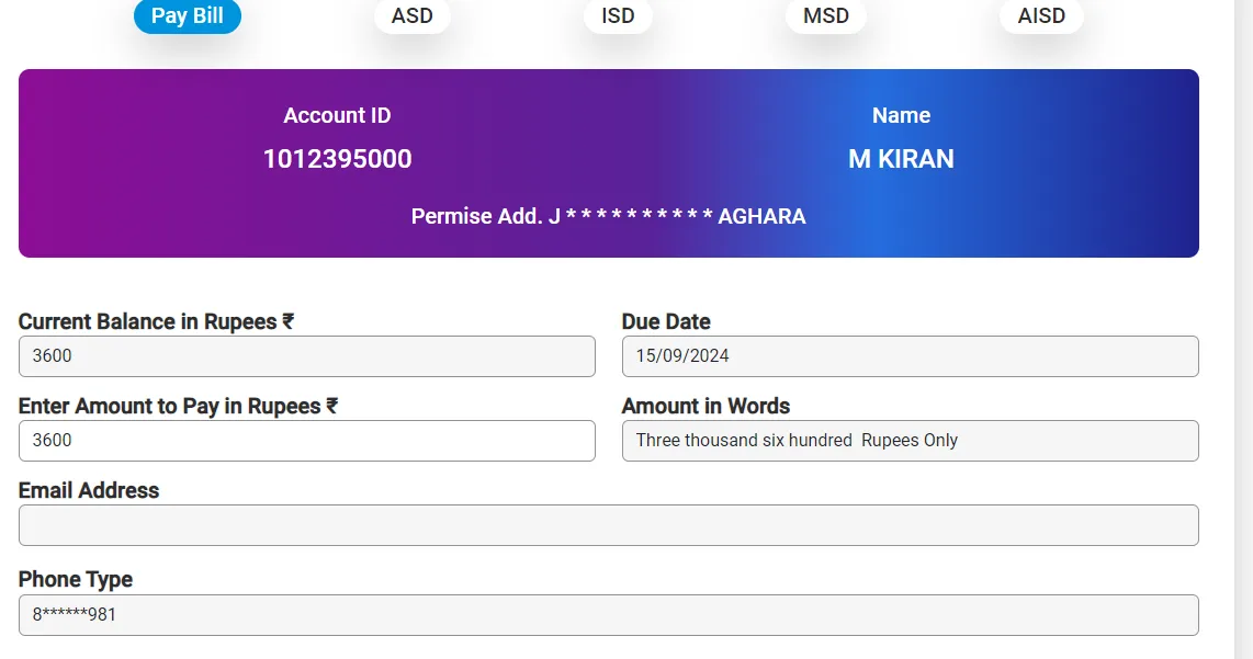 fill in necessary details bescom online bill payment