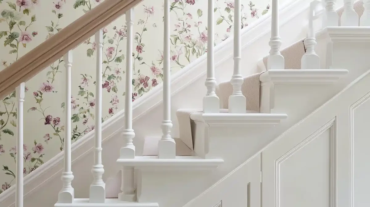 fresh floral swatches paired with a trendy staircase wall colour