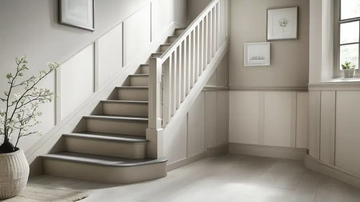 mellow tones paired with a trendy accent for a stylish staircase wall colour