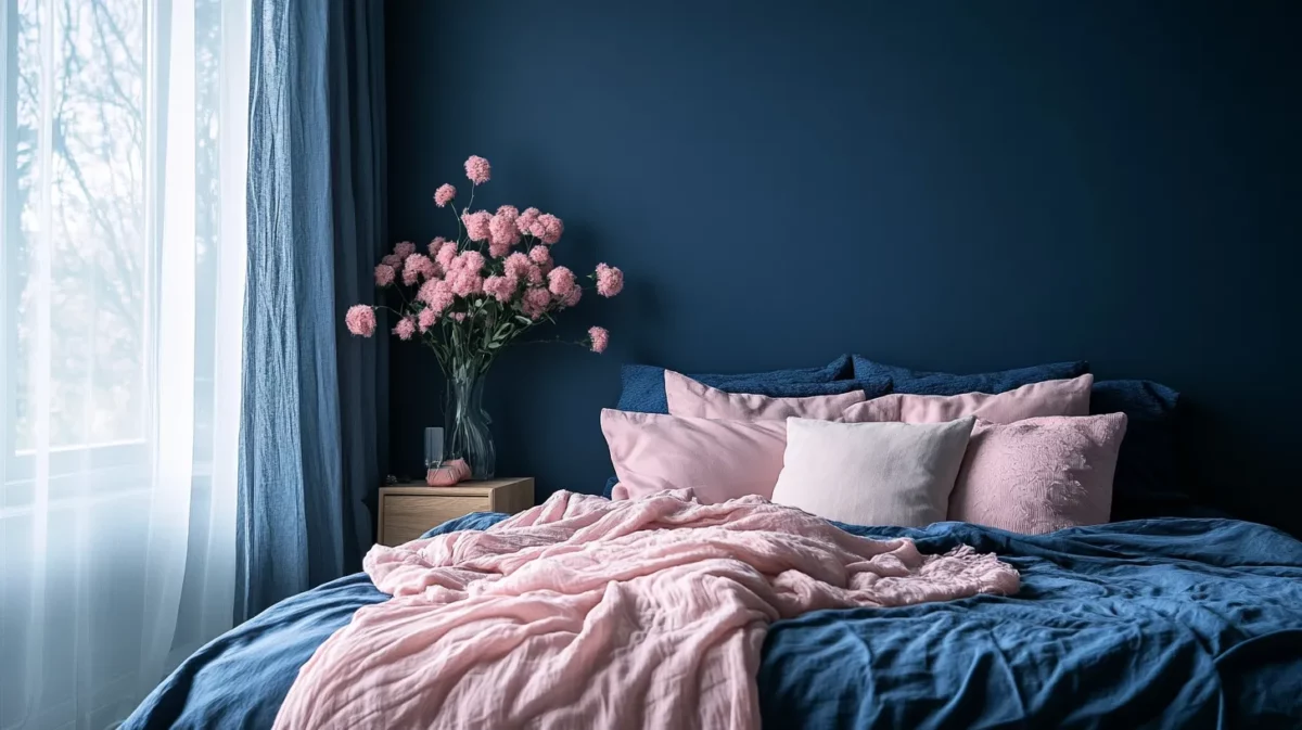 blue and pink romantic bedroom wall colour for couple