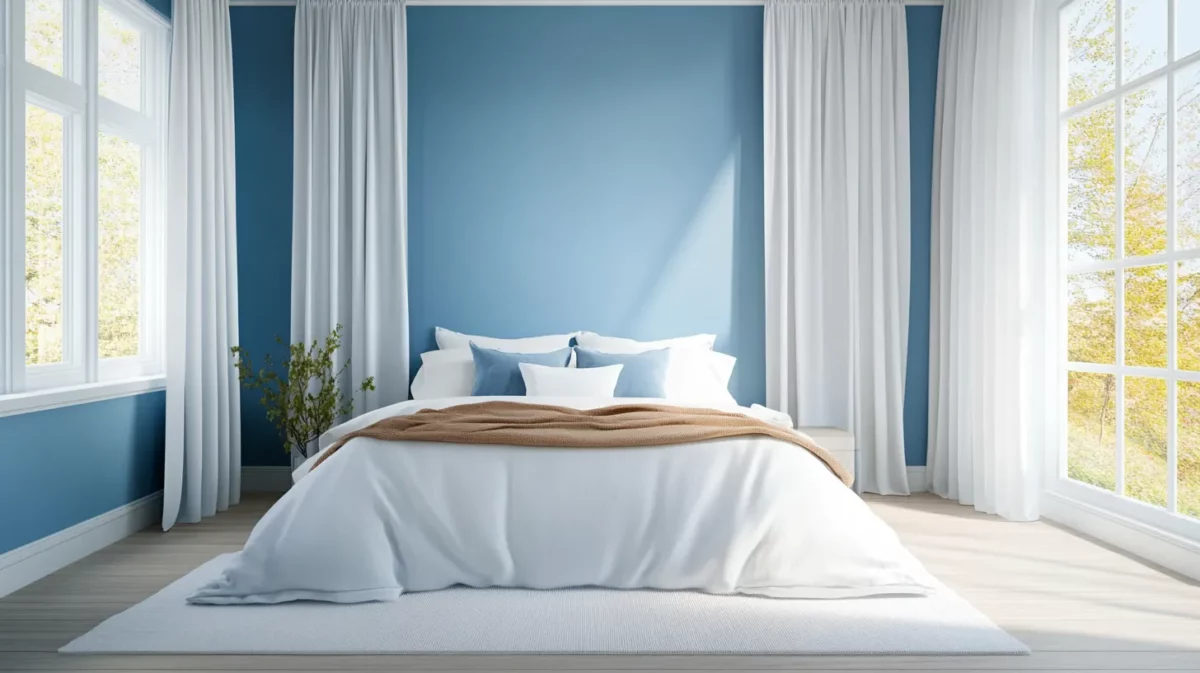 blue and spicy orange romantic bedroom wall colour for couple