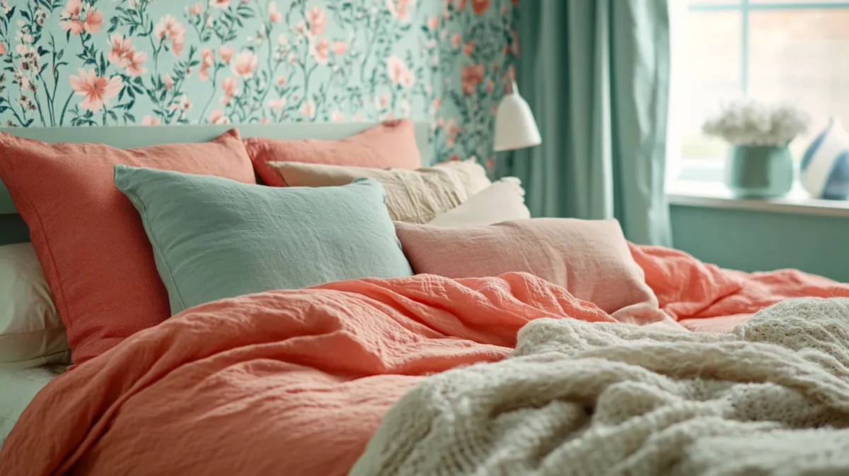 coral and jade romantic bedroom wall colour for couple