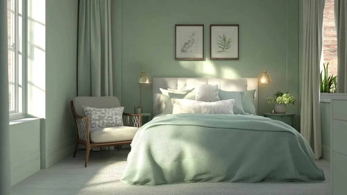 grey and mint green romantic bedroom wall colour for couple