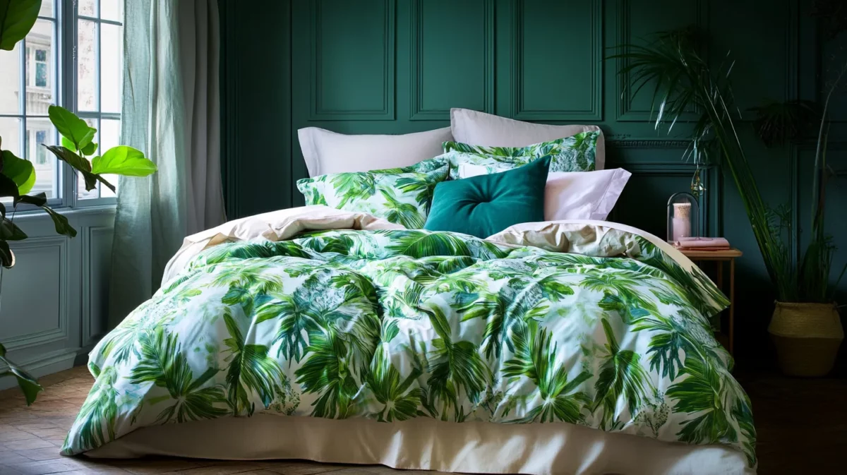 mix palm and chartreuse green romantic bedroom wall colour for couple