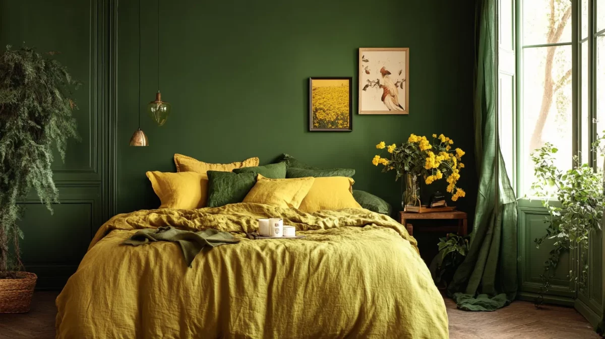 mustard yellow and mossy forest green romantic bedroom wall colour for couple