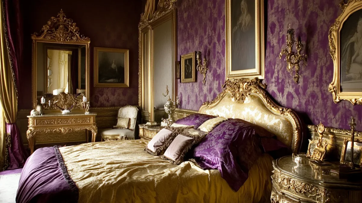 plum and gold romantic bedroom wall colour for couple