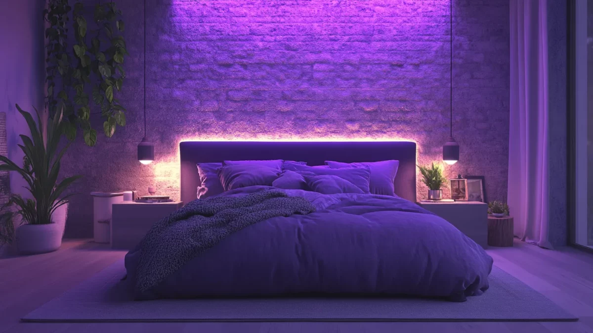 purple romantic bedroom wall colour for couple