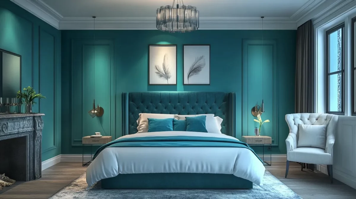 teal romantic bedroom wall colour for couple