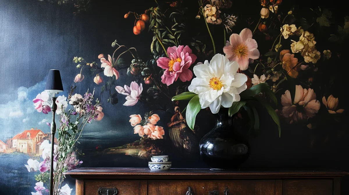 dramatic dark florals wall painting design