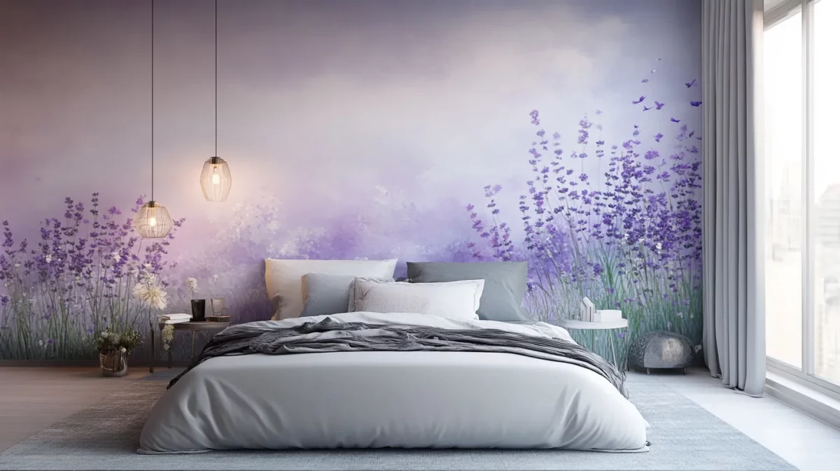 lavender blooms flower wall painting design for bedroom