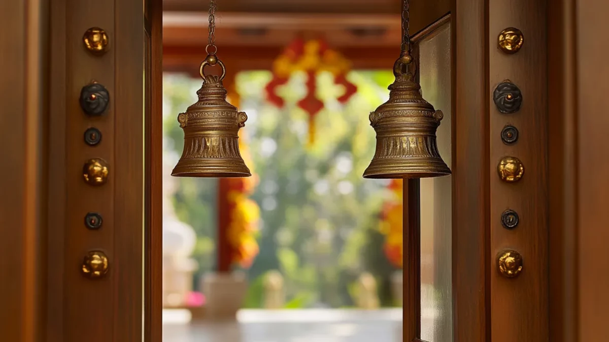 pooja room door designs with bells and glass