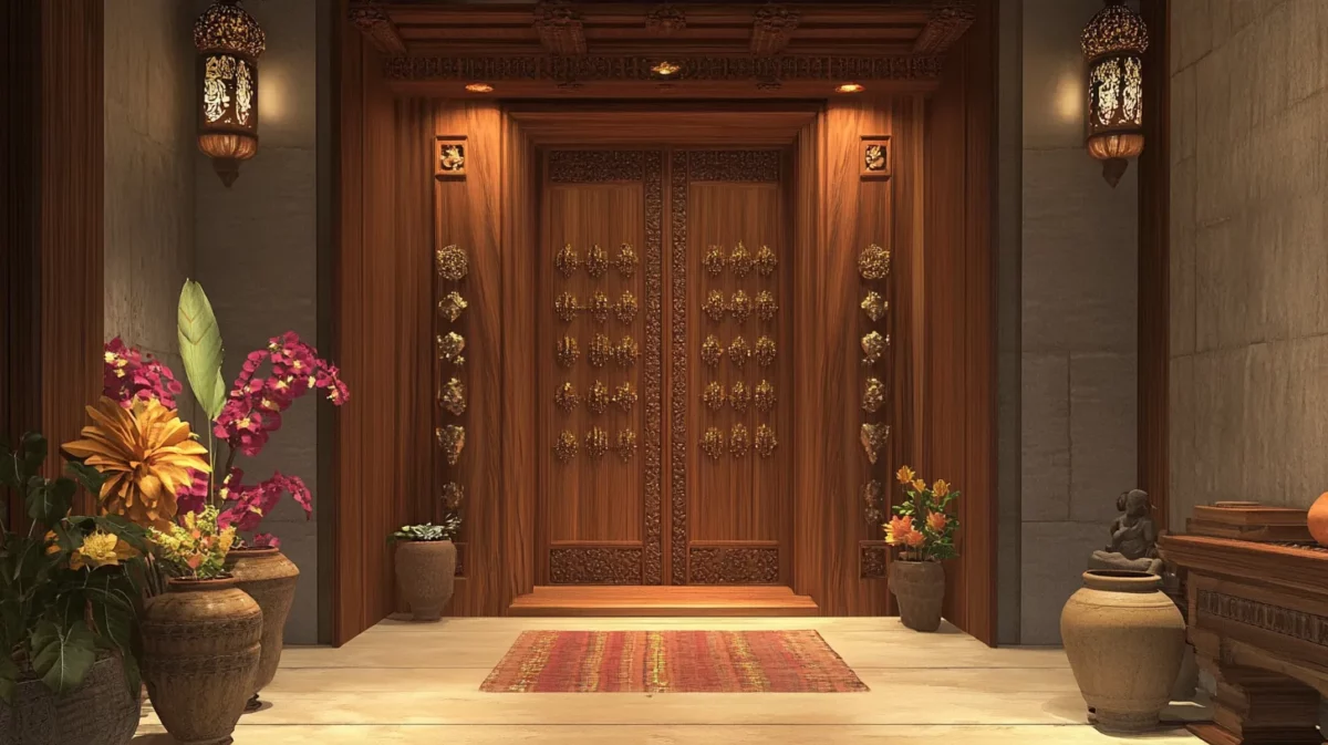 teak wood pooja room door design