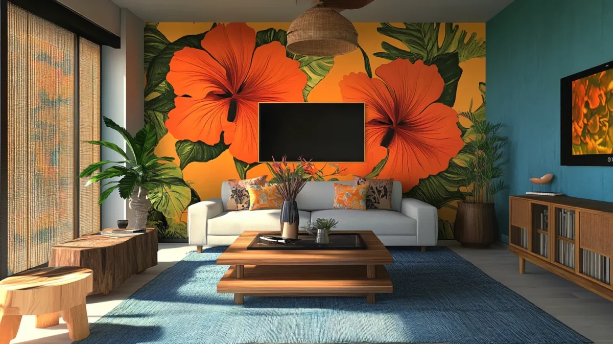 tropical hibiscus flower wall painting design for living room